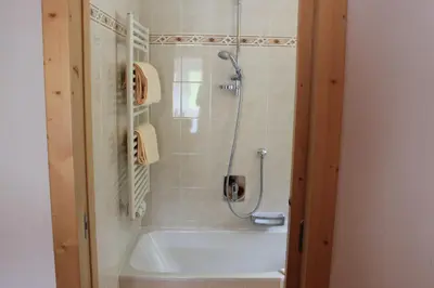 a bathroom with a shower and a bath tub at Albergo Alisander in Corvara in Badia
