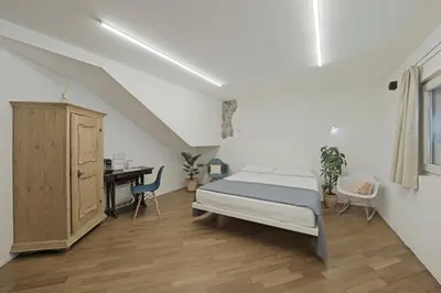 a bedroom with a bed and a desk in it at Historic Rooms and Apartments in the City Centre of Bolzano in Bolzano