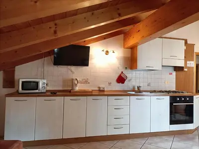 a kitchen with a sink and a microwave at Appartamenti Villa Maria in Canazei
