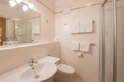 a bathroom with a sink and a toilet and a shower at Hotel Greifenstein in Terlano