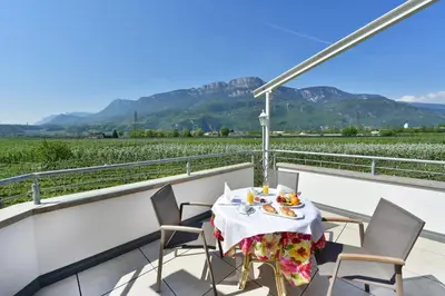a table on the balcony with a view of a vineyard at Hotel Greifenstein in Terlano