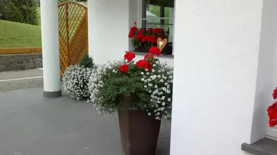 a large vase filled with flowers next to a building at Apartments Antines in Selva di Val Gardena