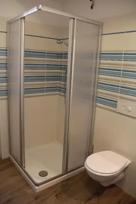 a bathroom with a shower and a toilet at Appartamenti Dany in Arabba