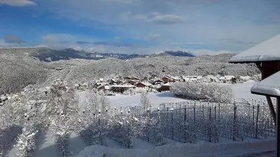 a village covered in snow with trees and houses at Kachlerhof in Castelrotto