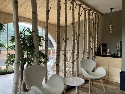 two chairs and a table in a room with trees at Wellness Residence Panorama - check-in at Olympia Hotel in Arabba