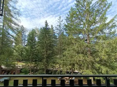 a wooden bench in front of a group of trees at Resort CuraLibera in Ronzone