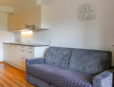 a living room with a couch and a kitchen at Apartment Pichlerhof in San Lorenzo di Sebato