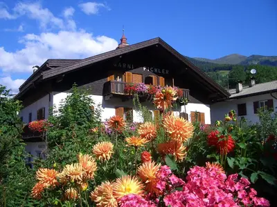 a building with a bunch of flowers in front of it at Aparthotel Pichler in Colle Isarco