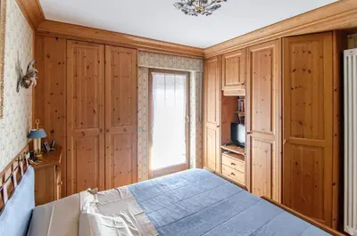 a bedroom with wooden walls and a bed and a television at Splendido appartamento a due passi dal centro con terrazza e garage in Cortina dʼAmpezzo