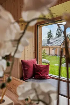 a wooden house with a solar roof on a field at NEW OPENING 