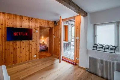 a living room with wooden walls and a window at Ciasa de Sèn Jan in Pozza di Fassa