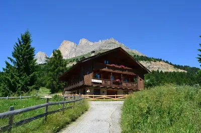 a large wooden building with a mountain in the background at Villa Tamion in Vigo di Fassa