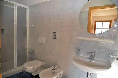 a bathroom with a toilet and a sink and a mirror at Unterwirtshof in Nova Ponente