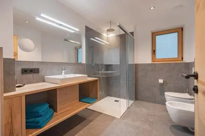 a bathroom with a sink and a toilet and a shower at Linhea Apartments in Fiè