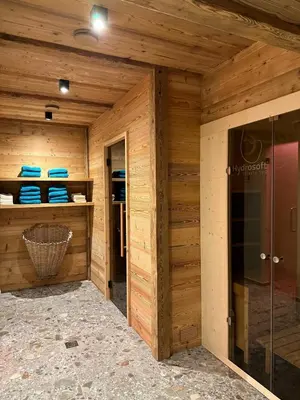 a room with wooden walls and a glass door at Linhea Apartments in Fiè