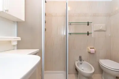 a bathroom with a shower and a toilet and a sink at Casa Alice in Falcade