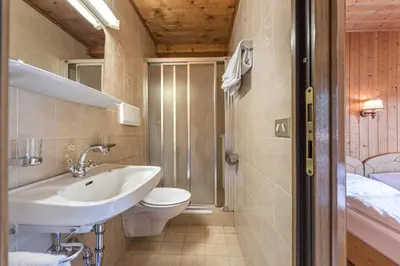 a bathroom with a sink and a toilet and a bed at Apartments Martina in Selva