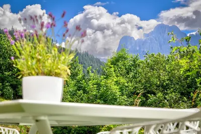 a white table with a pot of flowers on it at Residence Engel in Nova Levante