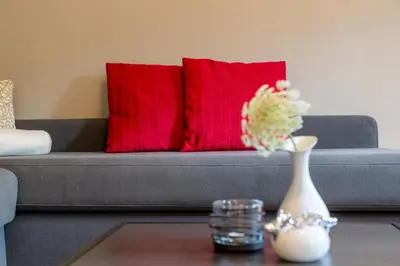 a couch with red pillows and a vase with flowers on a table at Residence Engel in Nova Levante