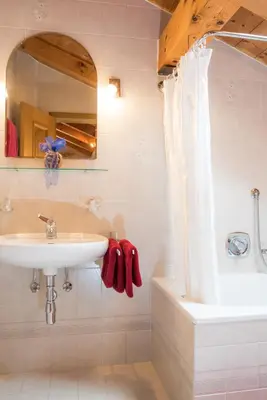 a bathroom with a sink and a mirror and a tub at Apartment Suliva in Santa Cristina in Val Gardena