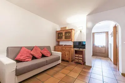 a living room with a couch with red pillows on it at Cesa Testa in Canazei