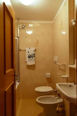 a bathroom with a toilet and a sink at Appartamenti Césa Col De Pin in Canazei