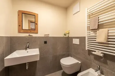 a bathroom with a sink and a toilet and a mirror at Plattner-Hof in Petersberg