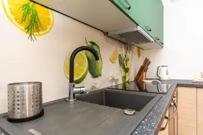 a kitchen counter with a sink and some fruit on the wall at Casa Carducci in Alleghe
