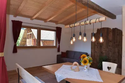 a living room with a table and a couch at Pignathof Rosacea in Campodazzo