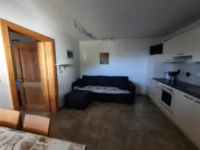 a living room with a blue couch and a kitchen at Wiesenheimhof - Apt 2 in Terento