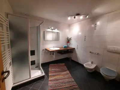 a bathroom with a shower and a sink and a toilet at Wiesenheimhof - Apt 2 in Terento