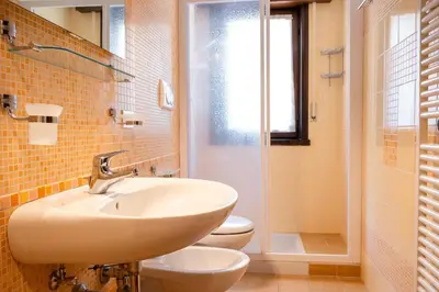 a bathroom with a sink and a toilet at Appartamenti Des Alpes in Canazei