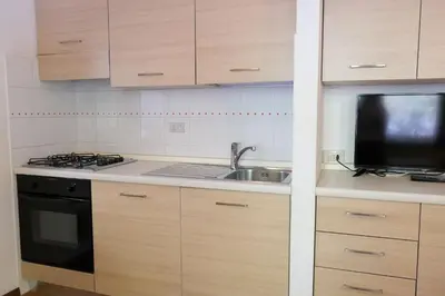 a kitchen with wooden cabinets and a sink and a microwave at Apartments Anny in Canazei