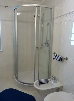 a bathroom with a shower and a toilet and a sink at Appartamenti Valpinoi in Santa Cristina in Val Gardena