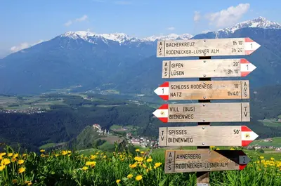 a wooden sign with arrows on a mountain at Vitroler Hof in Rodengo