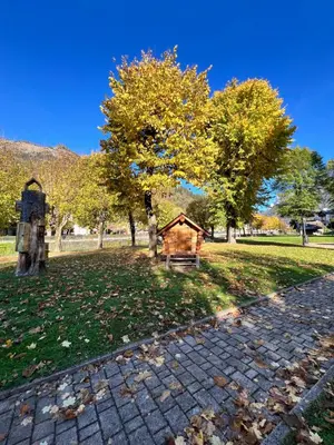 a house in a park with trees and a brick road at Appartamento Margherita in Transacqua
