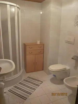 a bathroom with a toilet and a sink and a shower at Gasthof zum Roessl in San Genesio Atesino