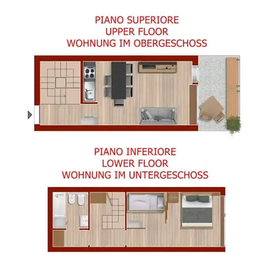 two views of a floor plan of a tiny house at Casa Franz in Val di Fassa by Zoom In Earth in Mazzin