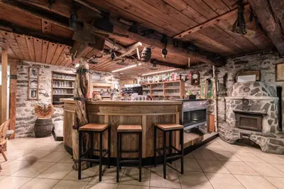 a bar in a room with a fireplace at Pension Gasthof Haselstaude in San Leonardo in Passiria