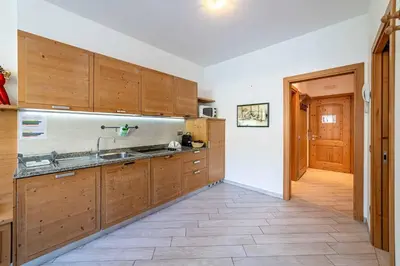 a kitchen with wooden cabinets and a sink at Chalet Al Lago in Masarè