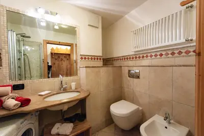 a bathroom with a sink and a toilet and a mirror at Chalet Pian in Campitello di Fassa