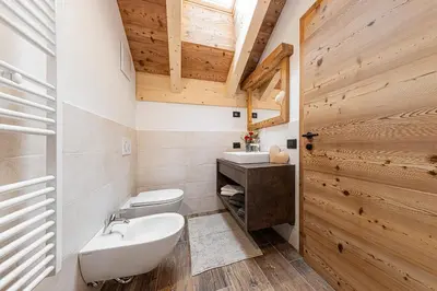 a bathroom with a sink and a toilet and wooden walls at FARM CHALET JUSCIARA in Badia