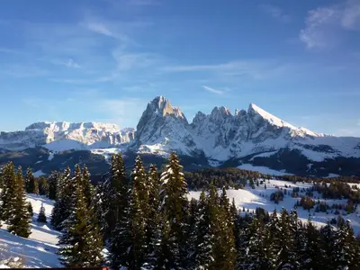 a mountain range with snow and trees in the foreground at Garni Tschutscherhof in Laion