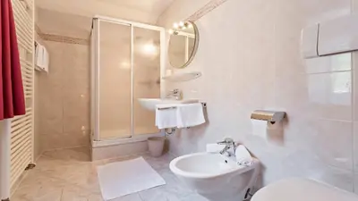 a bathroom with a sink and a toilet and a mirror at Apartments Villa Alpina in Santa Cristina in Val Gardena