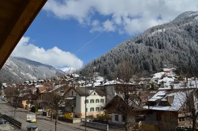 a village in the mountains with a kite in the sky at Aria Alpina Guest House Affittacamere in Predazzo