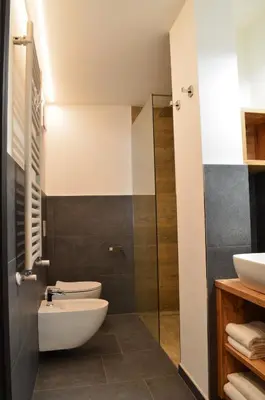 a bathroom with a toilet and a glass shower at Aria Alpina Guest House Affittacamere in Predazzo