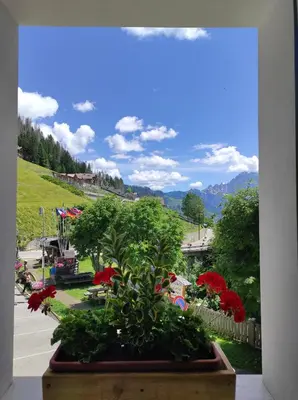 a window view of a city with red flowers at Appartamento Monte Civetta in Pieve di Livinallongo