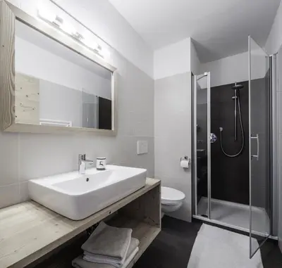a bathroom with a sink and a shower and a toilet at Haus Spielbichl in San Lorenzo di Sebato