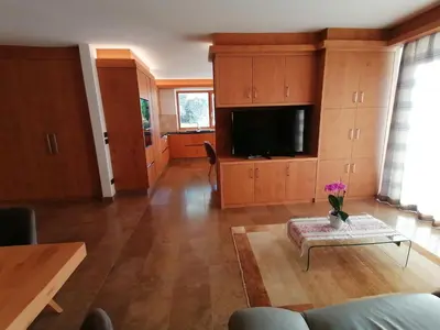 a living room with wooden cabinets and a tv at Casa Mariella - Apartment with garden in Tesero