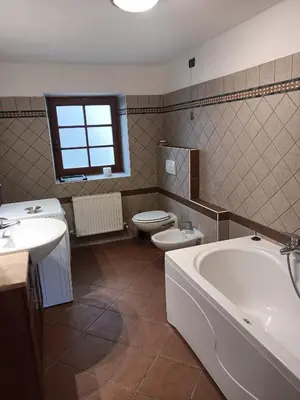a bathroom with a tub and a toilet and a sink at Appartamento Robert Arabba in Livinallongo del Col di Lana